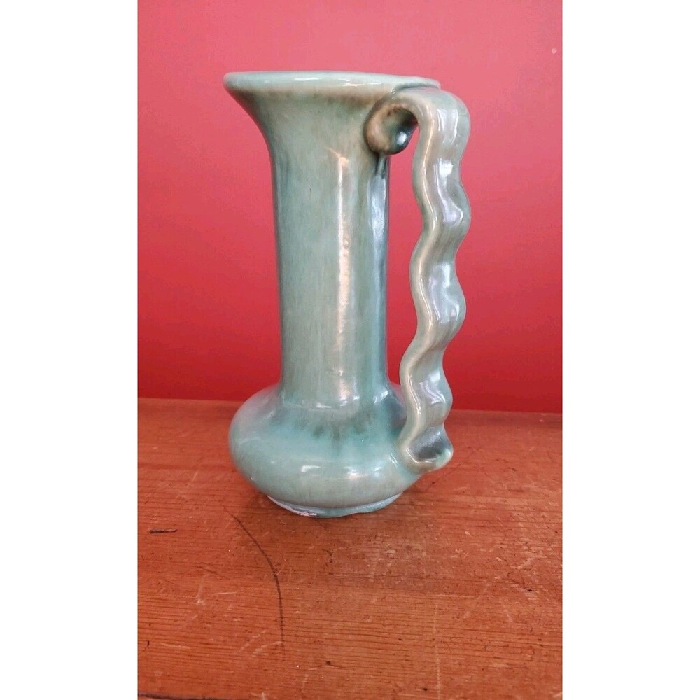 Gonder Pottery Vase E-Series 373 Vintage Ribbon Handle Green USA